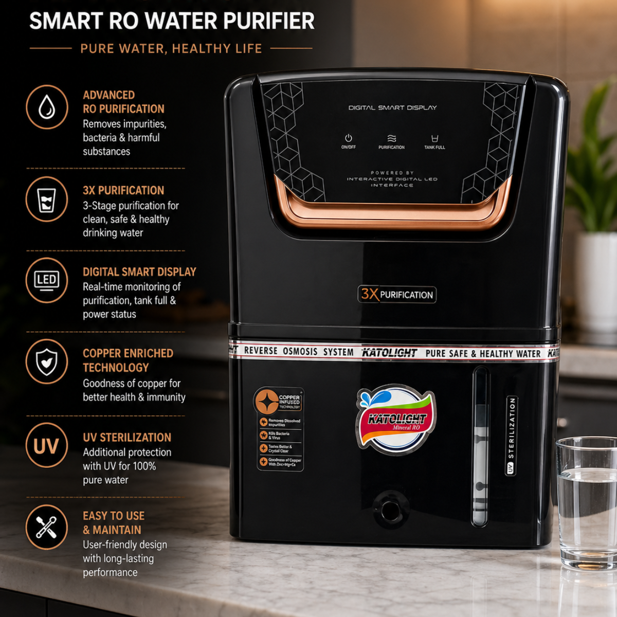 KATOLIGHT Black Smart RO Water Purifier with Digital Display & Copper Technology